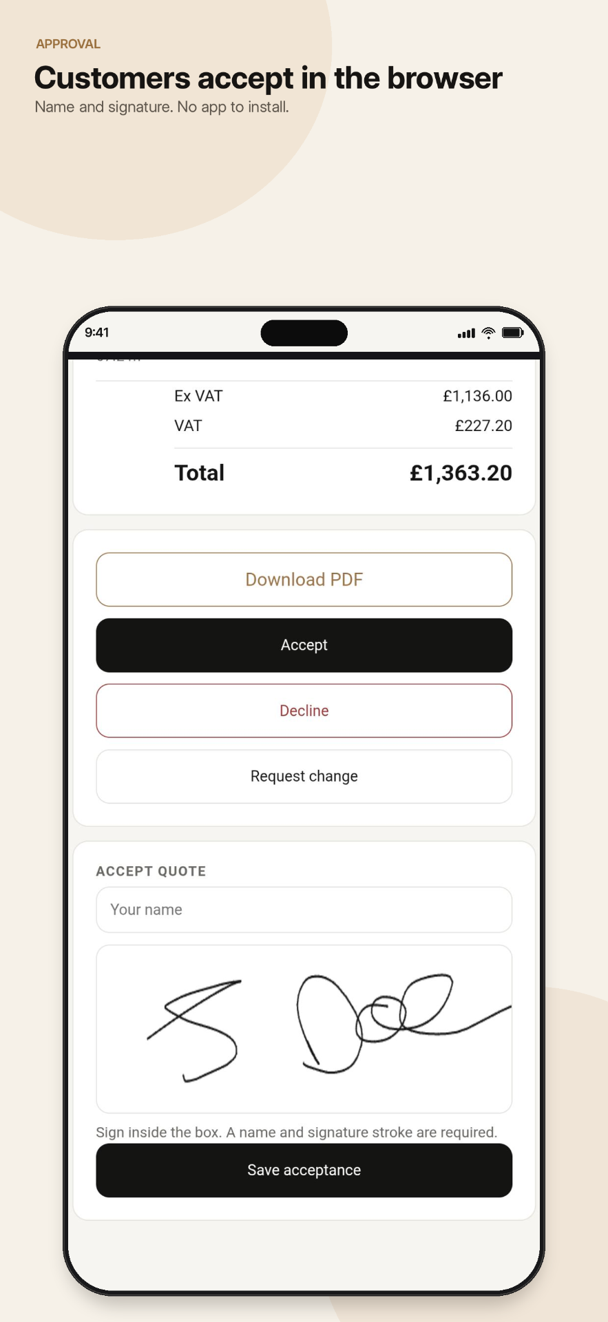 Roofer Quote: Customers accept in the browser