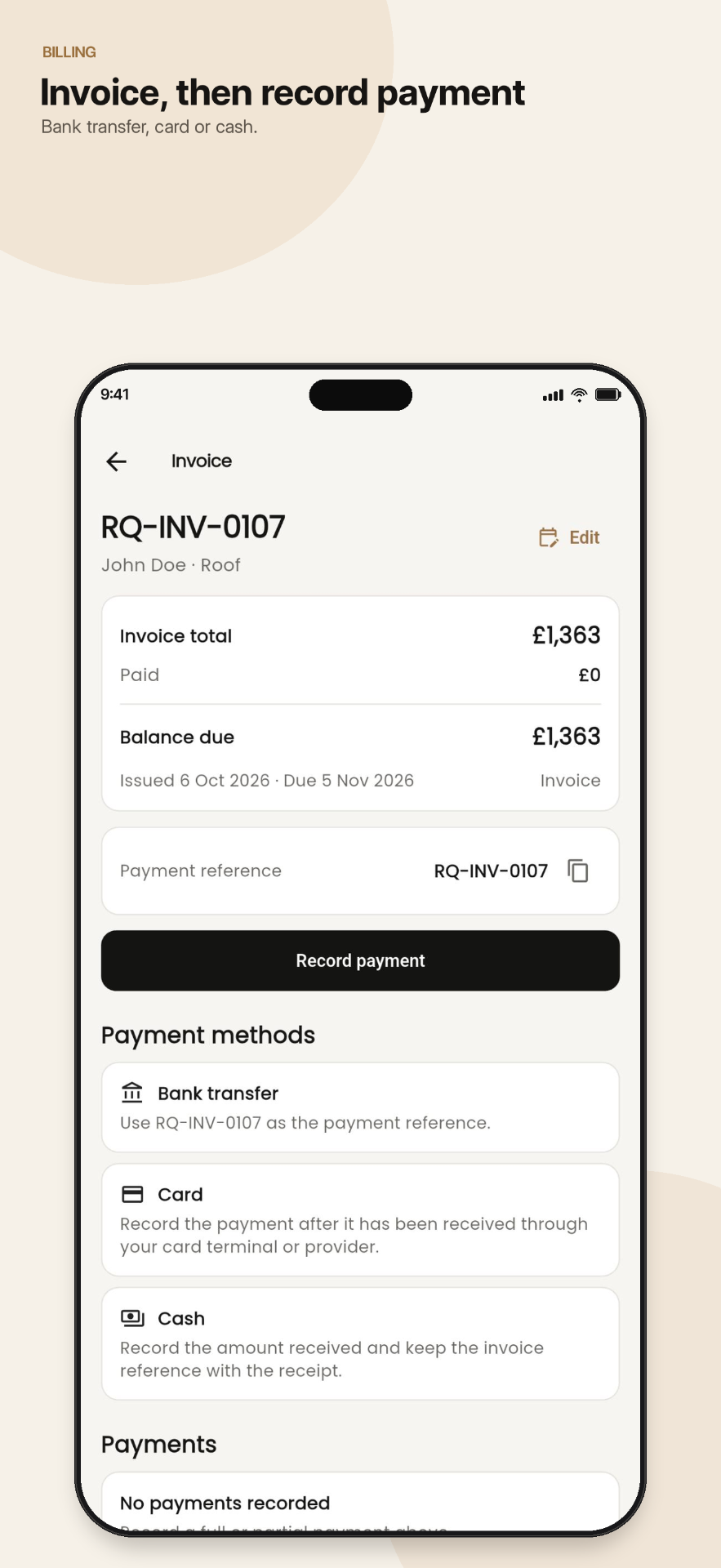 Roofer Quote: Invoice, then record payment
